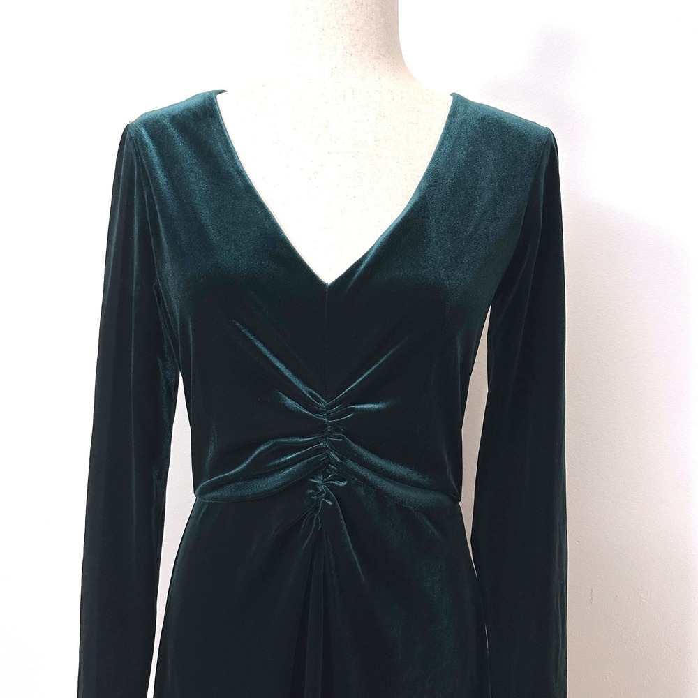Eliza J Green Velvet Midi Dress Ruched Long Sleeve Cocktail Holiday Glam 6 - Picture 3 of 7